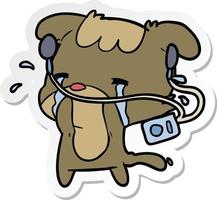 sticker of a cartoon sad dog listening to music vector