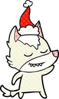 friendly comic book style illustration of a wolf wearing santa hat vector