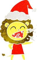 retro cartoon of a roaring lion girl wearing santa hat vector