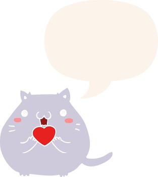 cute cartoon cat in love and speech bubble in retro style vector