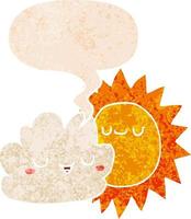 cartoon sun and cloud and speech bubble in retro textured style vector