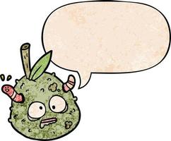 cartoon rotting old pear and worm and speech bubble in retro texture style vector