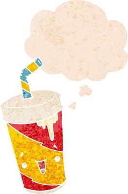 cartoon soda cup and thought bubble in retro textured style