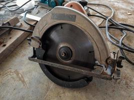 The metal cutting machine on the construction site for used to cutting the metal rod. photo