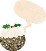 cartoon christmas pudding and speech bubble in retro textured style vector