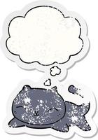 cartoon cat and thought bubble as a distressed worn sticker vector