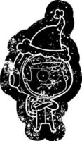 happy astronaut cartoon distressed icon of a wearing santa hat vector