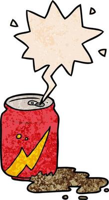 cartoon can of soda and speech bubble in retro texture style
