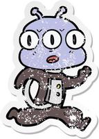 distressed sticker of a cartoon three eyed alien vector