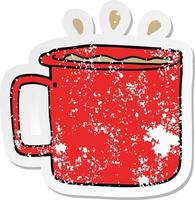 distressed sticker of a cartoon camping cup of coffee vector