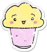 distressed sticker of a cartoon cupcake with face vector