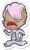 distressed sticker of a cartoon cool hipster girl in space suit vector