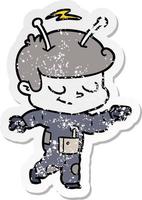 distressed sticker of a friendly cartoon spaceman pointing vector