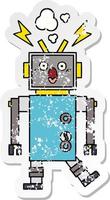 distressed sticker of a cute cartoon malfunctioning robot vector