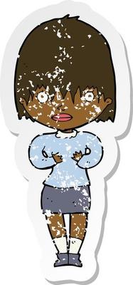 retro distressed sticker of a cartoon woman making Who Me gesture