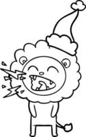 line drawing of a roaring lion wearing santa hat vector