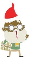 flat color illustration of a joyful man with beard and parcel under arm wearing santa hat vector