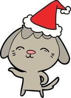 happy line drawing of a dog wearing santa hat vector