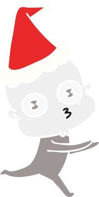 flat color illustration of a weird bald spaceman running wearing santa hat