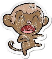 distressed sticker of a shouting cartoon monkey dancing vector