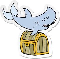 sticker of a cartoon shark swimming over treasure chest vector