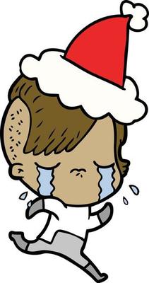 line drawing of a crying girl wearing space clothes wearing santa hat