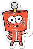 distressed sticker of a happy cartoon robot pointing vector