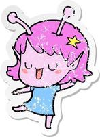 distressed sticker of a happy alien girl cartoon vector