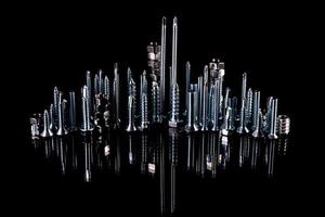 A fantastic city made of bolts, nuts, screws and self-cuts on a black background with reflection photo