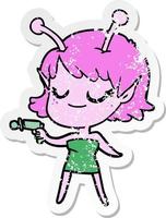 distressed sticker of a smiling alien girl cartoon pointing ray gun vector