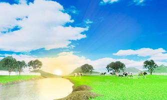 fondos desenfocados en una amplia pradera. hay vacas caminando para comer pasto. el cielo esta despejado. extenso paisaje de pastizales. representación 3d foto