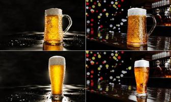 Set of Draft or craft beer in a tall clear glass. With cold steam, White beer foam was placed on reflective floor. Most popular alcoholic beverages. 3D rendering