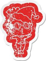 cartoon distressed sticker of a woman wearing spectacles wearing santa hat vector