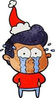 textured cartoon of a crying man wearing santa hat vector