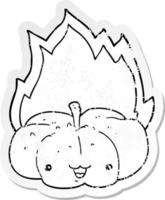 distressed sticker of a cartoon flaming pumpkin vector