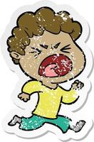 distressed sticker of a cartoon furious man vector