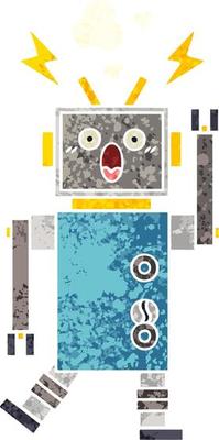retro illustration style cartoon malfunctioning robot