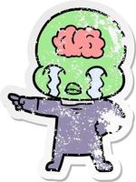 distressed sticker of a cartoon big brain alien crying and pointing vector