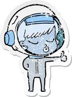 pegatina angustiada de una linda astronauta de dibujos animados dando pulgares hacia arriba vector