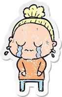 distressed sticker of a cartoon crying old lady vector