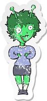 retro distressed sticker of a cartoon alien woman vector