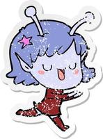 distressed sticker of a happy alien girl cartoon vector