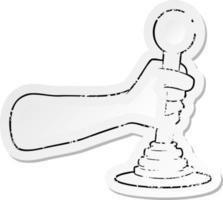 distressed sticker of a cartoon hand pulling lever vector