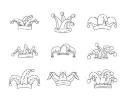 Jester fools hat icons set, outline style vector