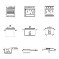 Cooker oven stove pan icons set outline style vector