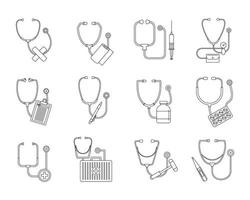 Conjunto de iconos de estetoscopio de fonendoscopio, estilo de esquema vector