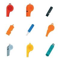 Whistle coaching blow icons set, flat style vector