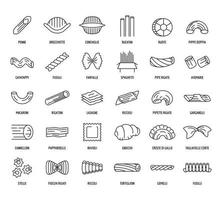 Macaroni pasta spaghetti icons set, outline style vector