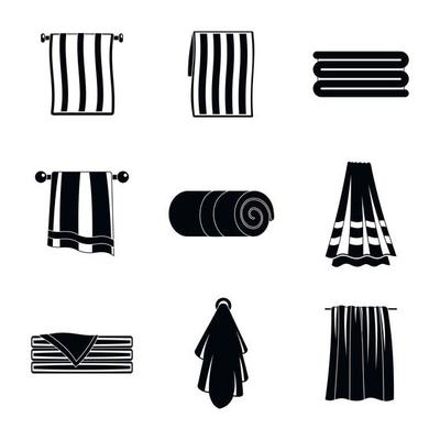 Towel hanging spa bath icons set, simple style
