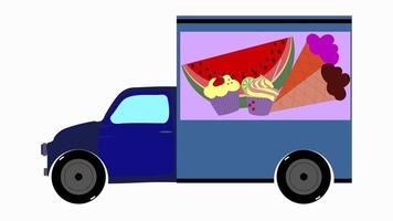 animação de um caminhão que vai entregar sorvete, bolo e outros doces video